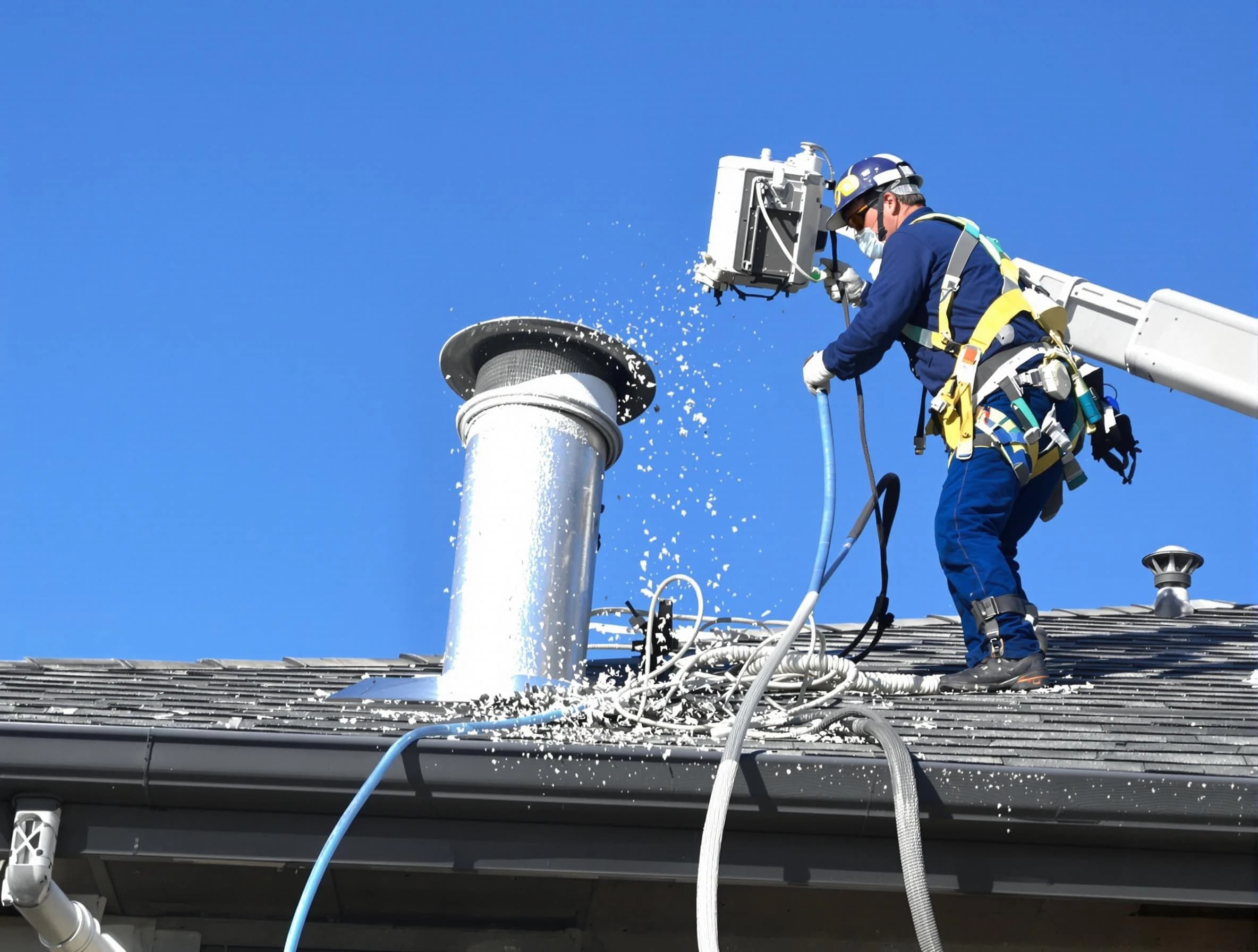 Parker Dryer Vent Cleaning certified technician safely cleaning a roof-mounted dryer vent in Parker