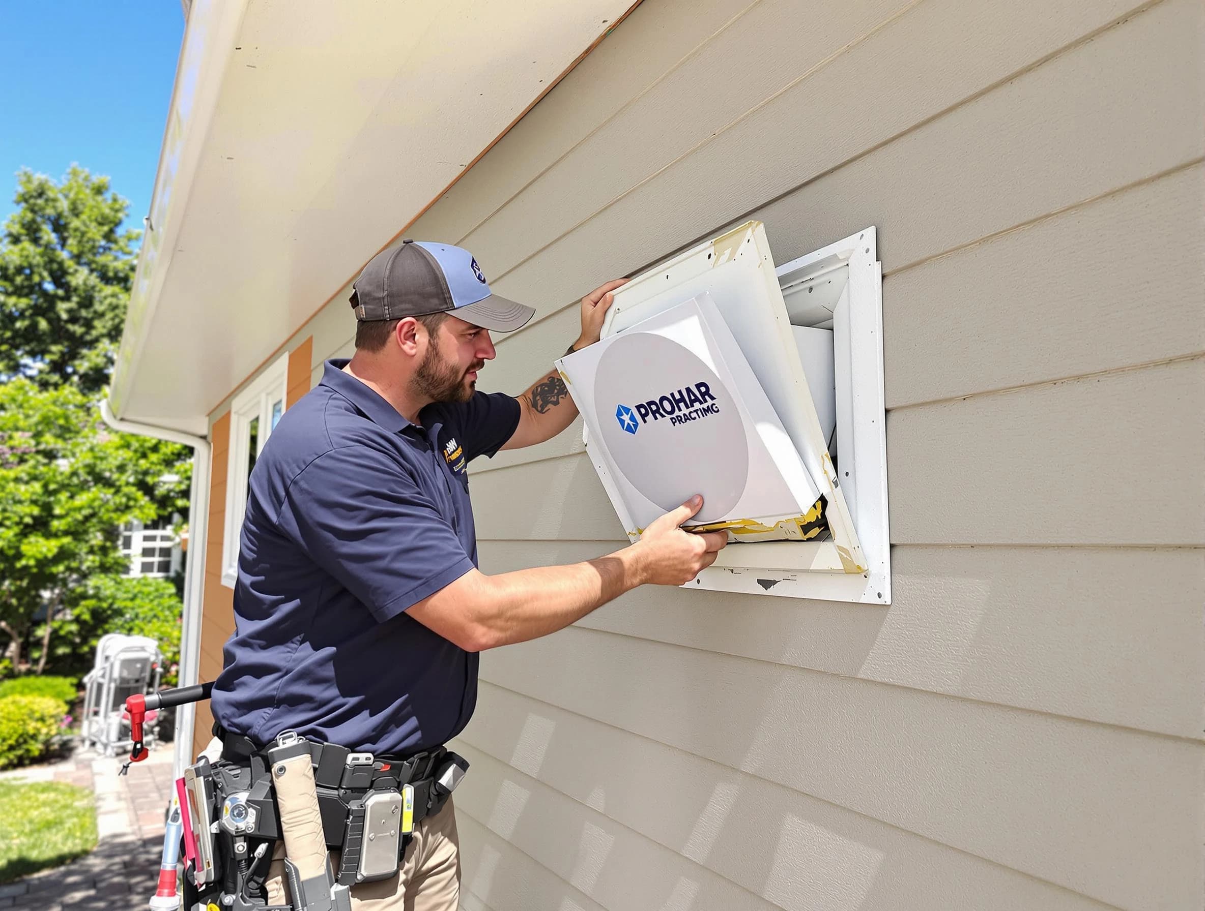 Parker Dryer Vent Cleaning technician installing a new protective dryer vent cover on a home in Parker