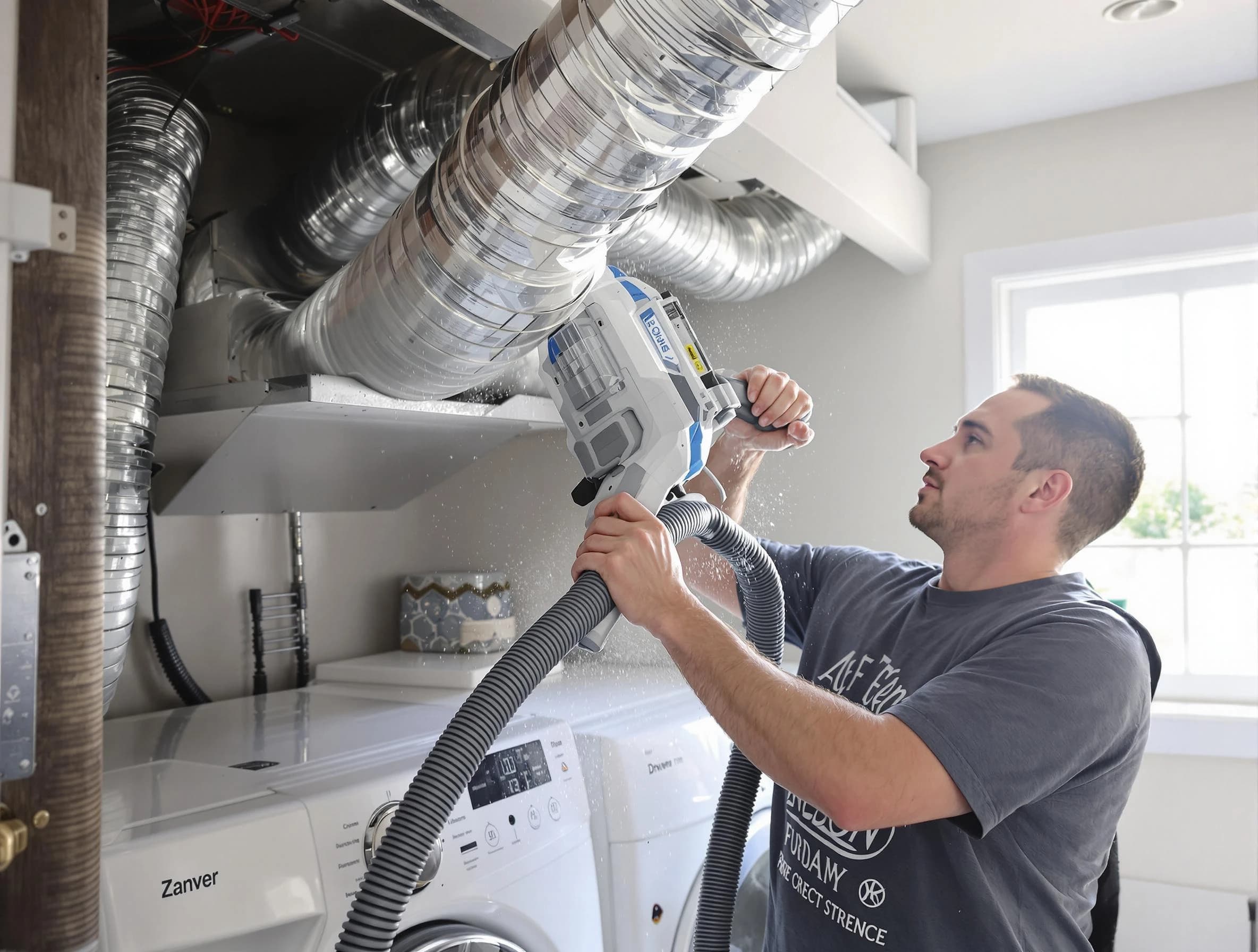 Parker Dryer Vent Cleaning specialist cleaning deep within a dryer vent duct system in Parker