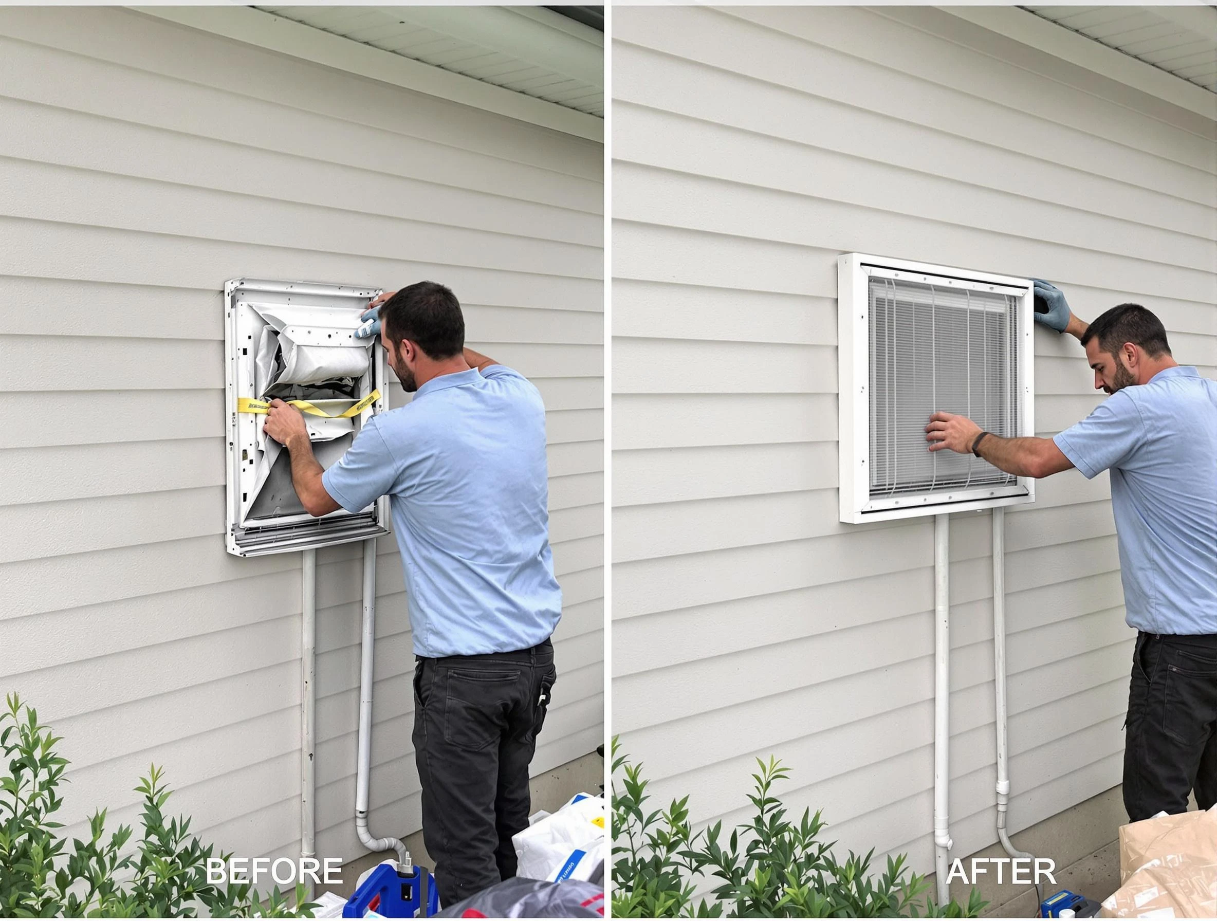 Parker Dryer Vent Cleaning technician installing high-quality dryer vent cover at a residential property in Parker
